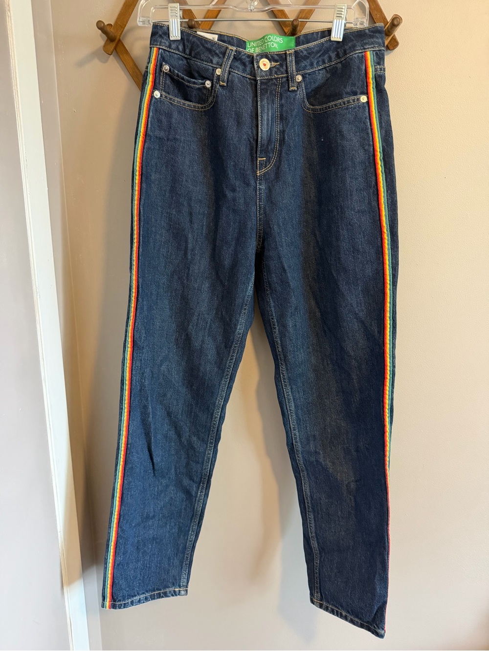 United Colors of Benetton Rainbow Stripe High Rise Mom Jeans Blue Size 27